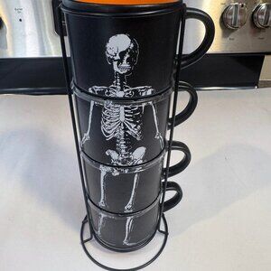 Prima Design Skeleton Halloween Spooky Set of Four Stacking Mugs With Metal Rack